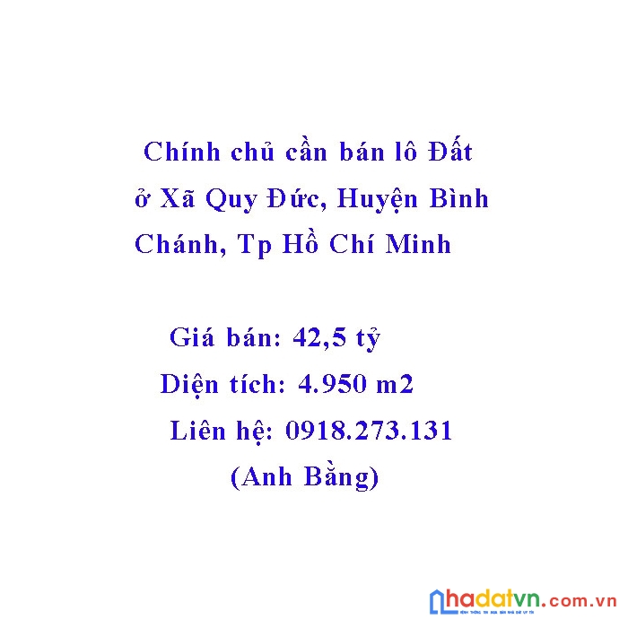 Chính chủ cần bán lô đất ở xã quy đức, huyện bình chánh, tp hồ chí minh