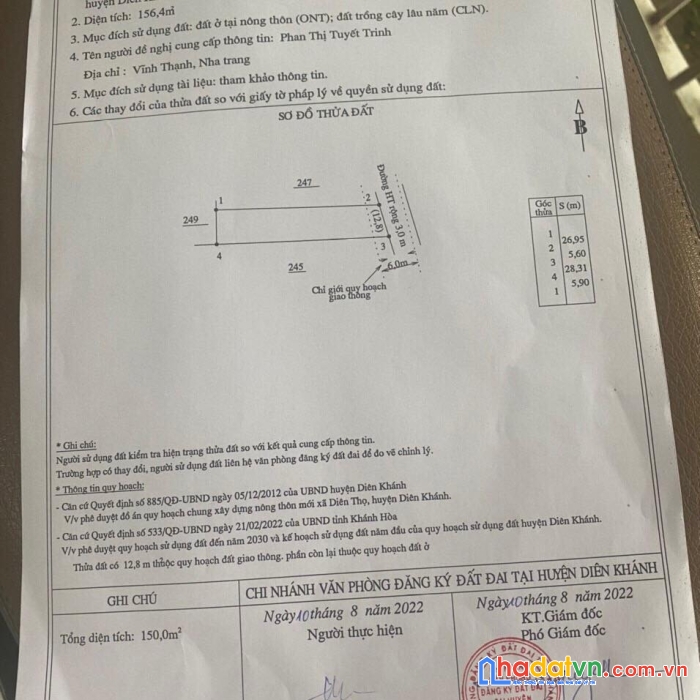 Bán nhanh lô đất sát tỉnh lộ 2 giá chỉ 770tr có thổ diên thọ diên khánh lh 0985451850 xuyên