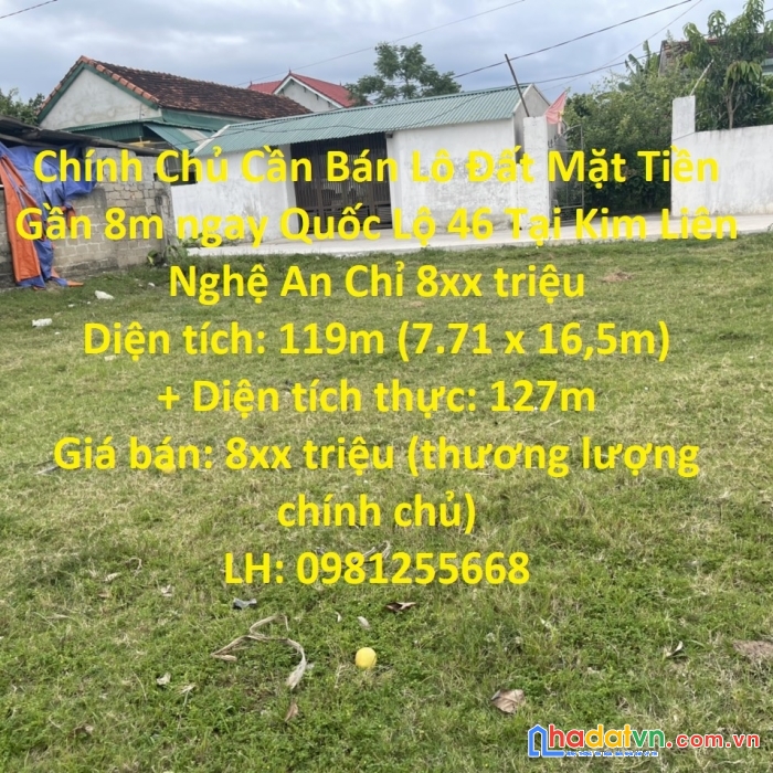 Chính chủ cần bán lô đất mặt tiền gần 8m ngay quốc lộ 46 tại kim liên nghệ an chỉ 8xx triệu