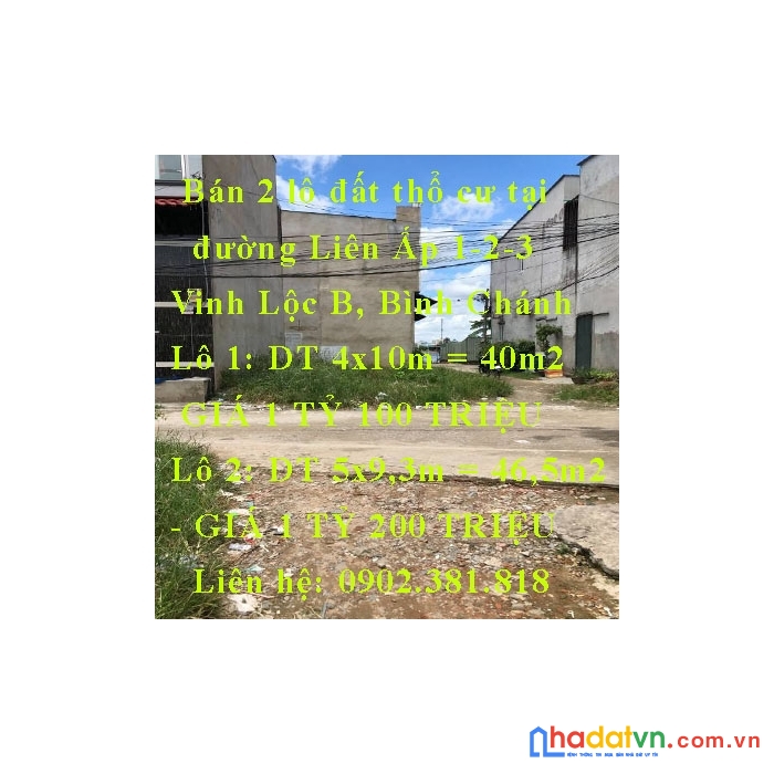 Bán 2 lô đất thổ cư tại đường liên ấp 1-2-3, vinh lộc b, bình chánh giá tốt