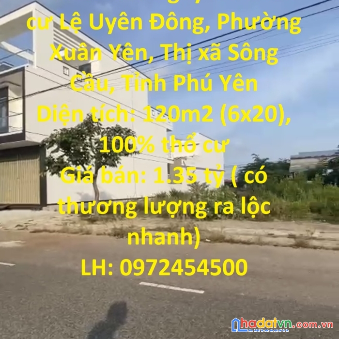 Bán lô đất ngay khu dân cư lệ uyên đông, phường xuân yên, thị xã sông cầu, tỉnh phú yên