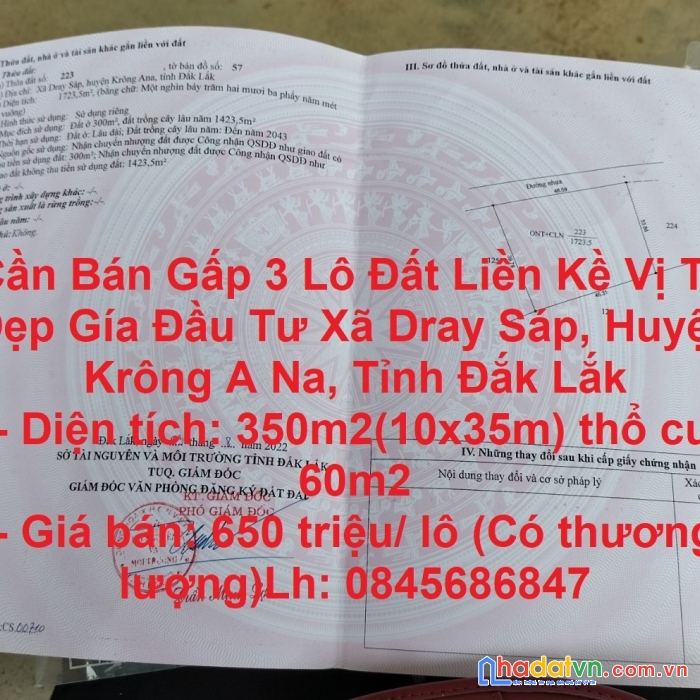 Cần bán gấp 3 lô đất liền kề vị trí đẹp gía đầu tư xã dray sáp, huyện krông a na, tỉnh đắk lắk