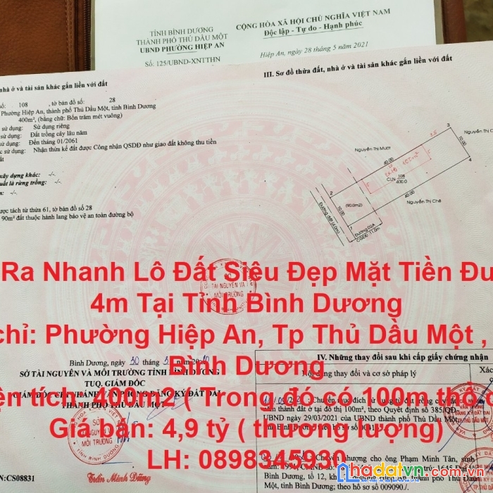 Cần ra nhanh lô đất siêu đẹp mặt tiền đường 4m tại tỉnh bình dương