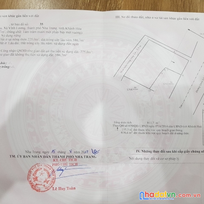 Cần bán 830m2 có 225m2 đất ở ngang 11,9m nở hậu 32m mặt tiền quốc lộ 1a, thôn lương hoà, xã vĩnh