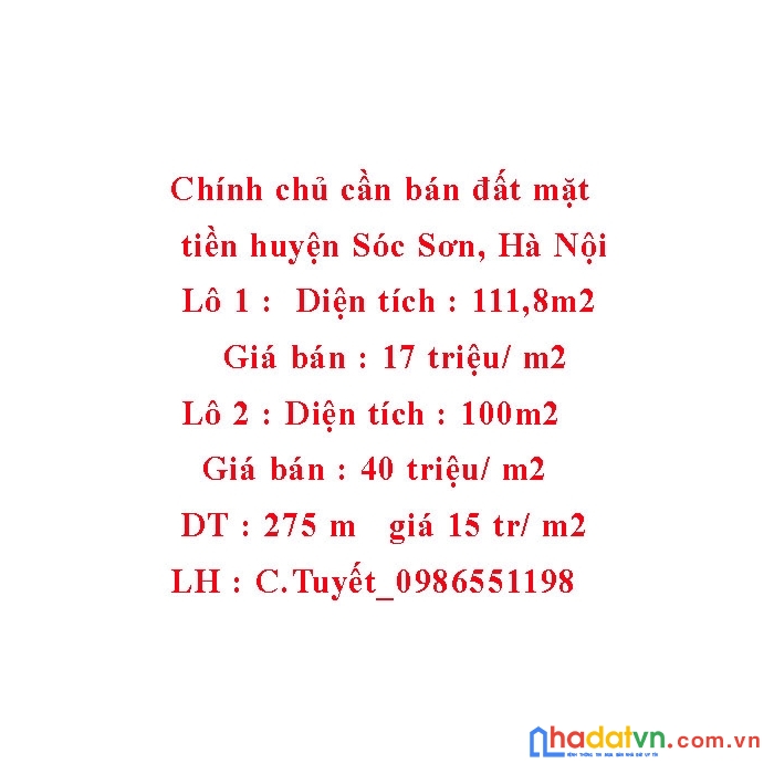Chính chủ cần bán đất mặt tiền huyện sóc sơn, hà nội