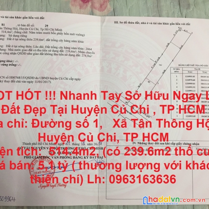 Hot hót !!! nhanh tay sở hữu ngay lô đất đẹp tại huyện củ chi , tp hcm