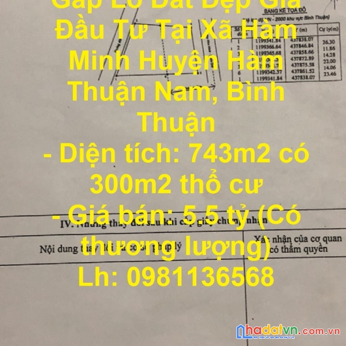 Chính chủ cần bán gấp lô đất đẹp gía đầu tư tại xã hàm minh huyện hàm thuận nam, bình thuận