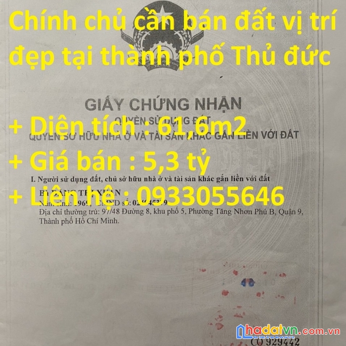 Chính chủ cần bán đất vị trí đẹp tại thành phố thủ đức