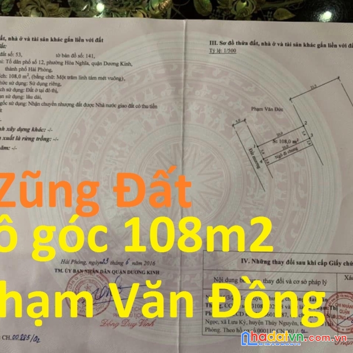 Lô góc 108m2  mặt đường phạm văn đồng , dương kinh hải phòng