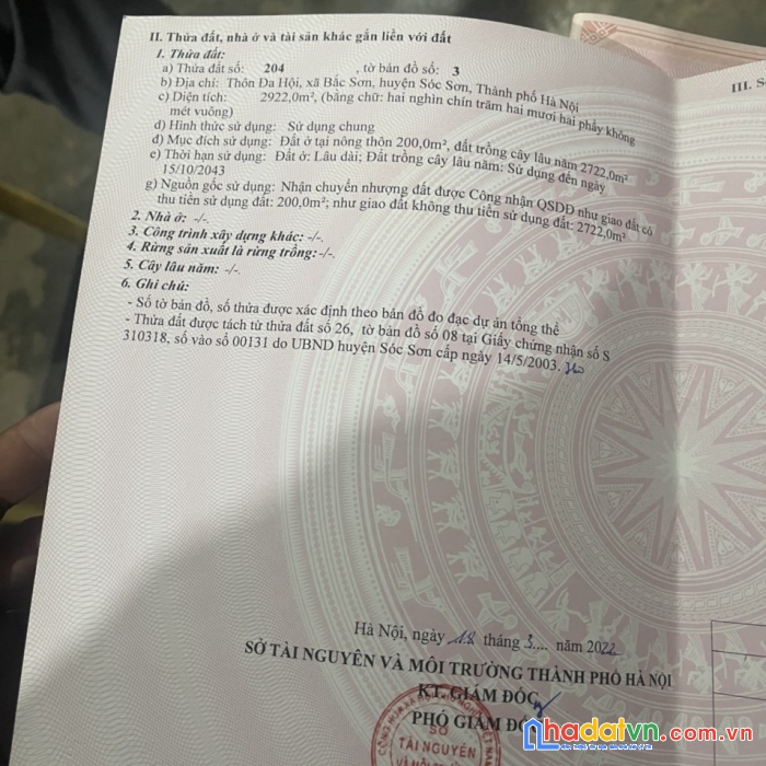 Chính chủ bán lô đất to rộng làm khu nghỉ dưỡng 2922m2. giá chỉ hơn triệu/m2. đa hội , bắc sơn,