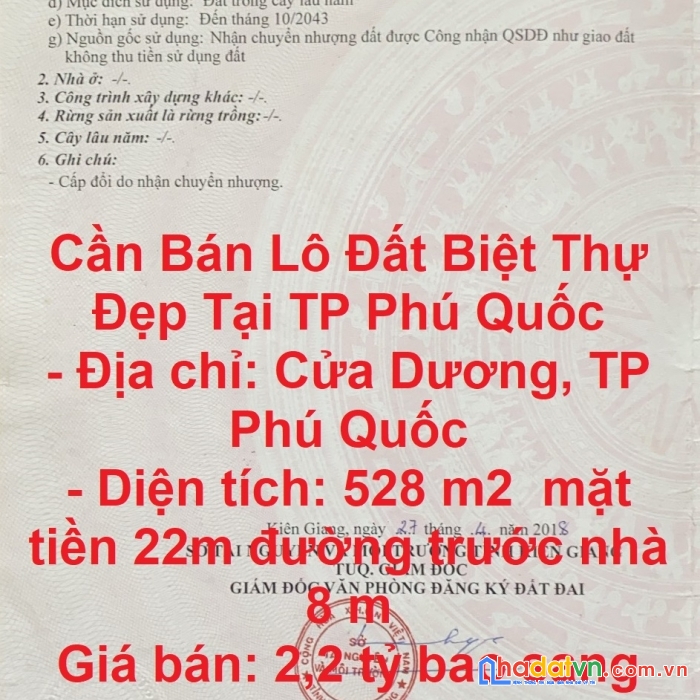 Cần bán lô đất biệt thự đẹp tại tp phú quốc