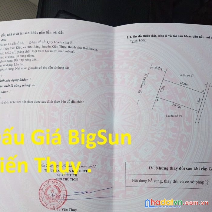 Đấu giá 120m2 bigsun hữu bằng , kiến thụy giá 1,9x tỷ