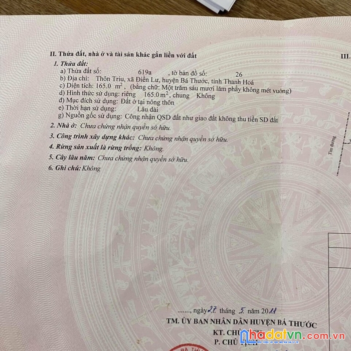 Bán lô đất 2 mặt tiền xã điền lư, bá thước, thanh hóa