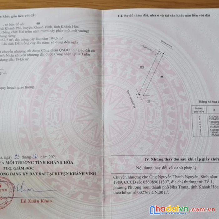 Chính chủ cần bán đất thôn ngã hai, xã khánh phú, huyện khánh vĩnh, tỉnh khánh hoà