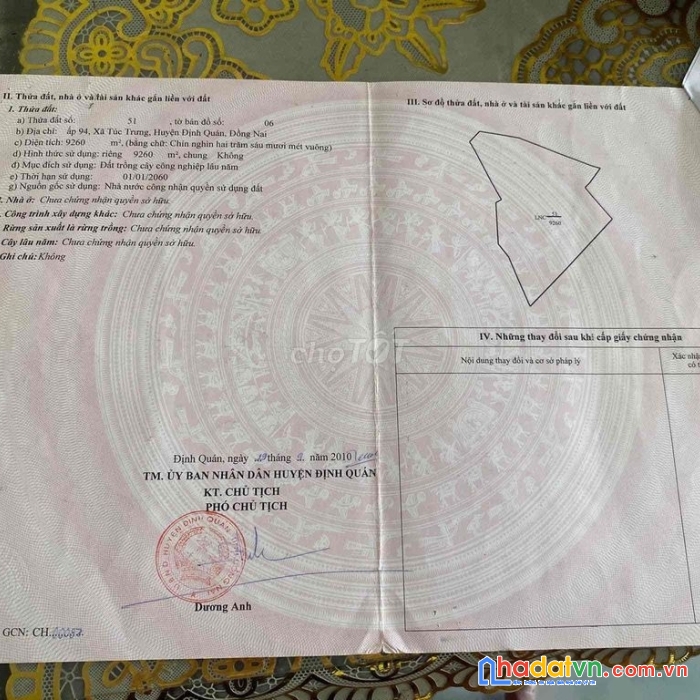 Cần bán lô đất đường bê tông xã túc trưng huyện định quán đồng nai