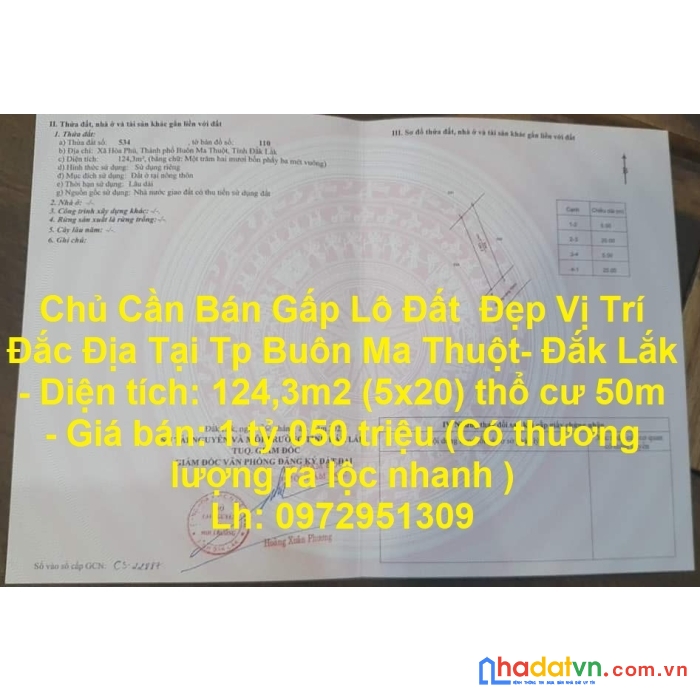 Chủ cần bán gấp lô đất  đẹp vị trí đắc địa tại tp buôn ma thuột- đắk lắk