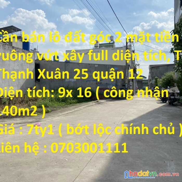 Cần bán lô đất góc 2 mặt tiền vuông vứt xây full diện tích, tại thạnh xuân 25 quận 12