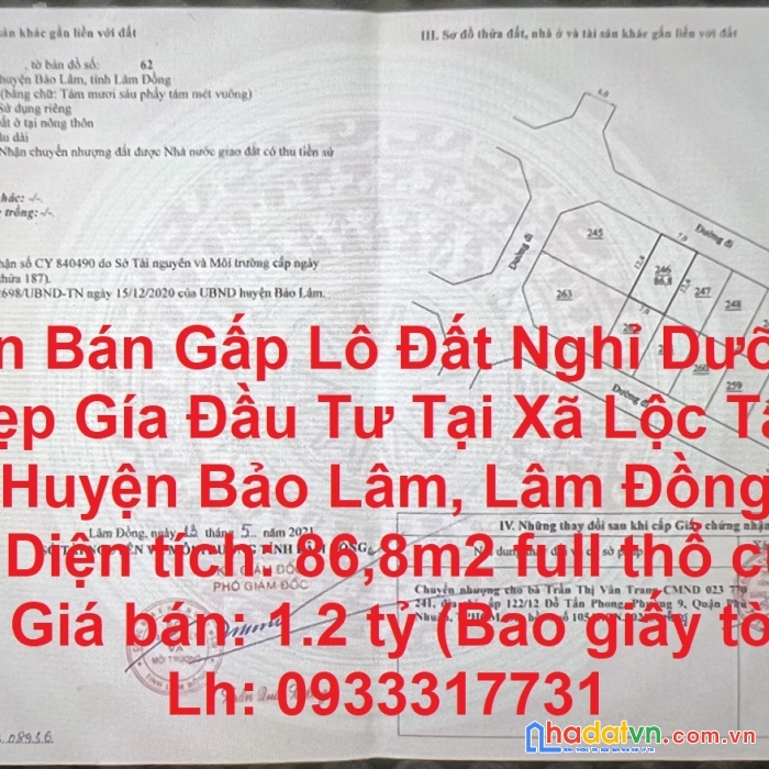 Cần bán gấp lô đất nghỉ dưỡng đẹp gía đầu tư tại xã lộc tân huyện bảo lâm, lâm đồng