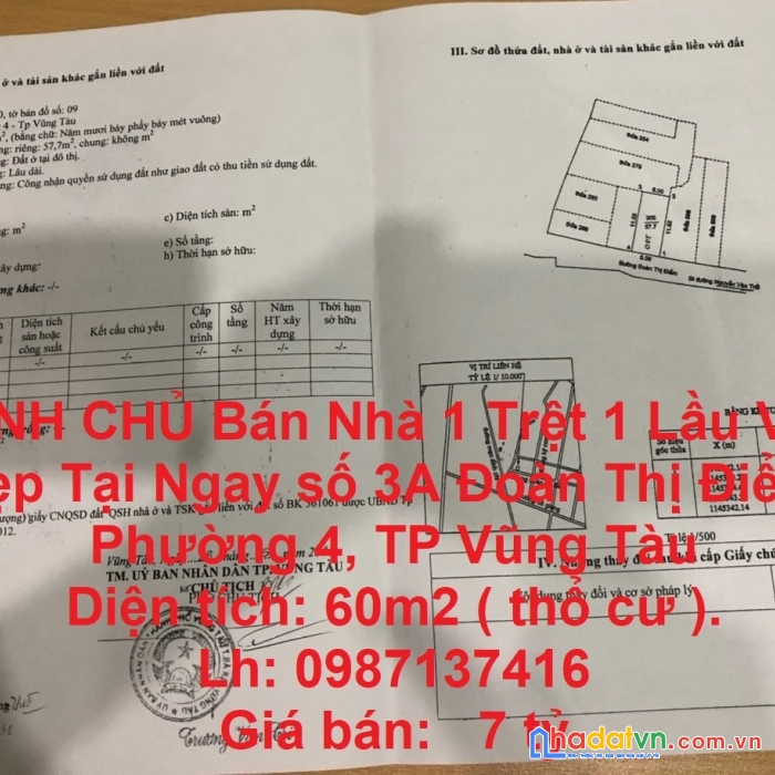 Chính chủ bán nhà 1 trệt 1 lầu vị trí đẹp tại ngay trung tâm tp vũng tàu