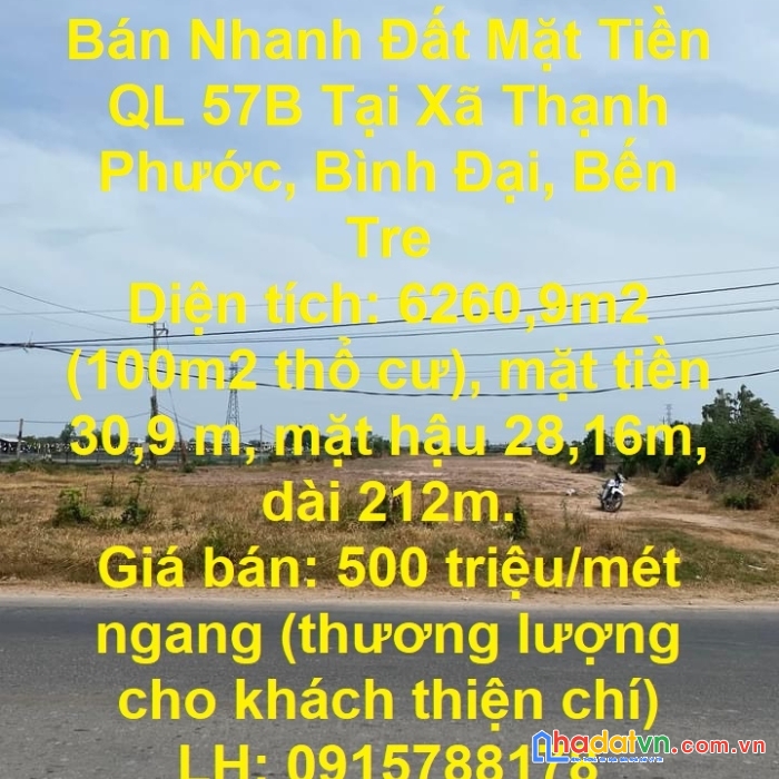 Bán nhanh đất mặt tiền ql 57b tại xã thạnh phước, bình đại, bến tre