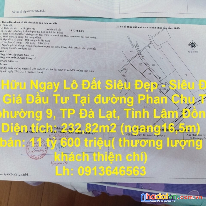 Sở hữu ngay lô đất siêu đẹp - siêu đắc địa - giá đầu tư tại tp đà lạt
