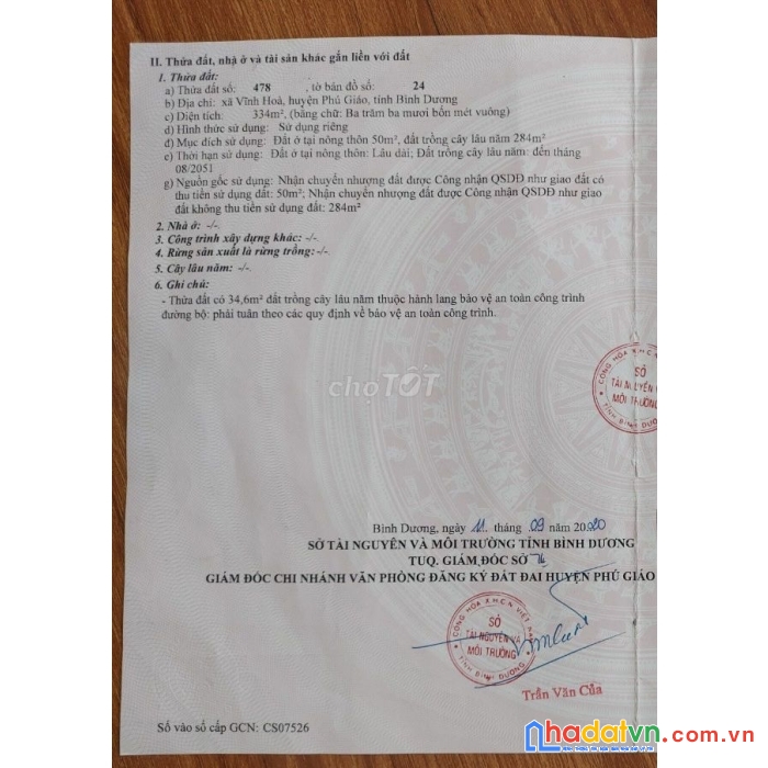 Chính chủ cần bán lô đất 334m2 tại xã vĩnh hòa, huyện phú giáo, tỉnh bình dương