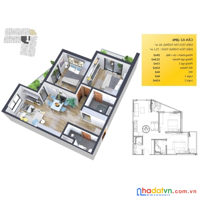 1,8xx tỷ có ngay căn góc cao cấp 2 ngủ, 81m2, 2 ban công thoáng, ban công tây bắc, cửa đông nam