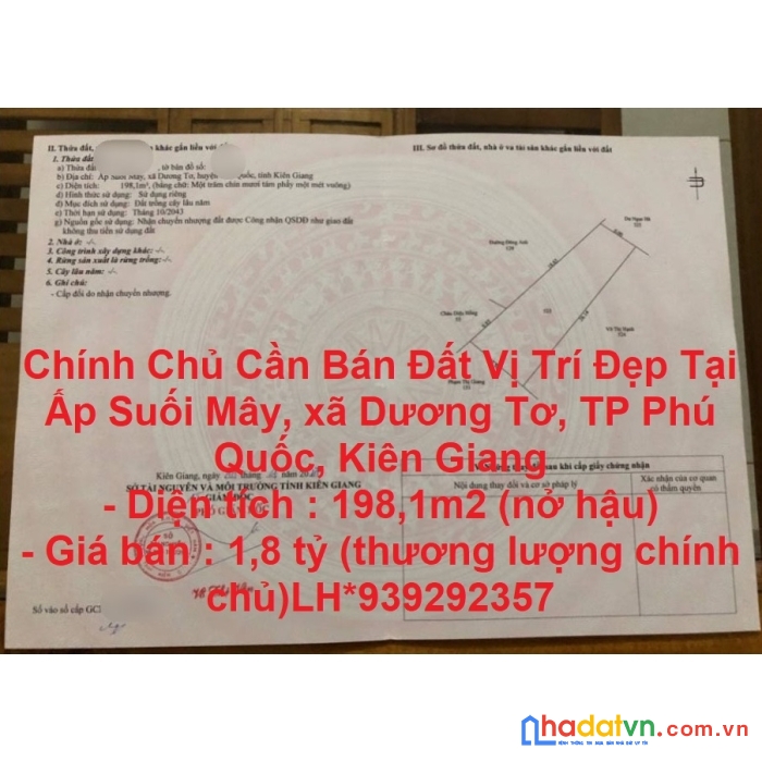 Chính chủ cần bán đất vị trí đẹp tại xã dương tơ, phú quốc, kiên giang