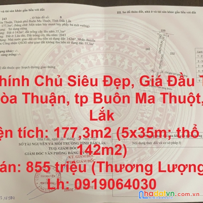 Đất chính chủ siêu đẹp, giá đầu tư tại xã hòa thuận, tp buôn ma thuột, đắk lắk