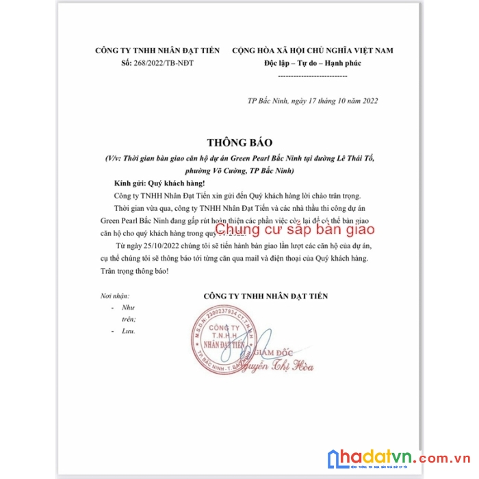 Đã có thông báo nhận nhà, chung cư cao cấp green pearl bắc ninh