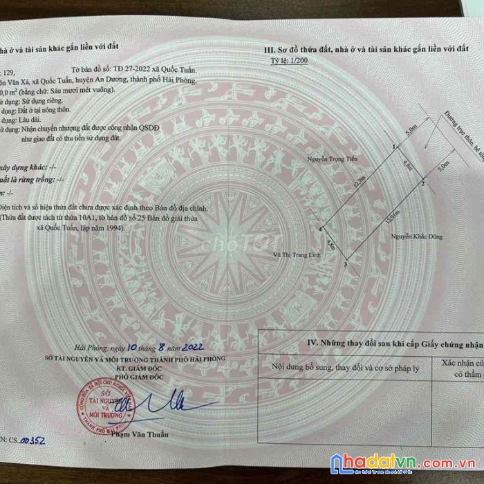 Chủ cần tiền bán lỗ lô đất thổ cư huyện an dương liên hệ: 0982883123