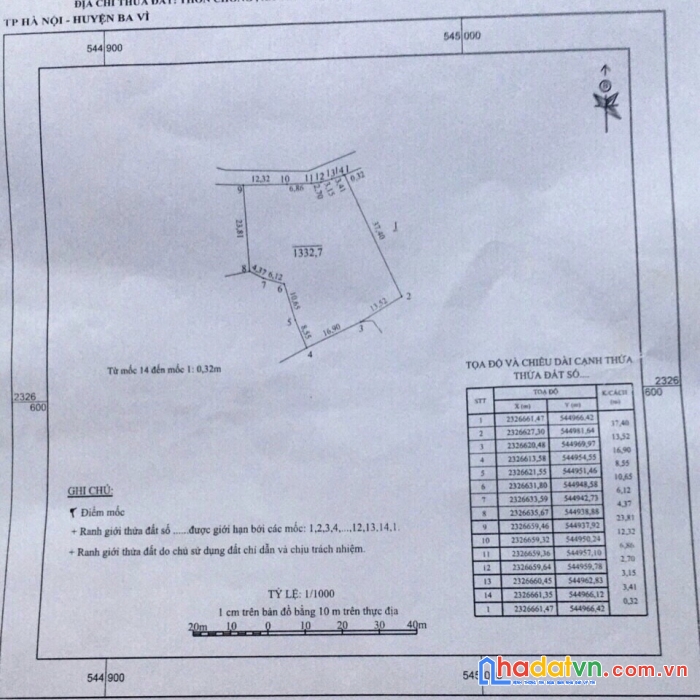 Bán đất yên bài ba vì, gần làng văn hóa,cách đường ql 1km,ô tô7c,1332m,400m đất ở,nở hậu chia dc 2