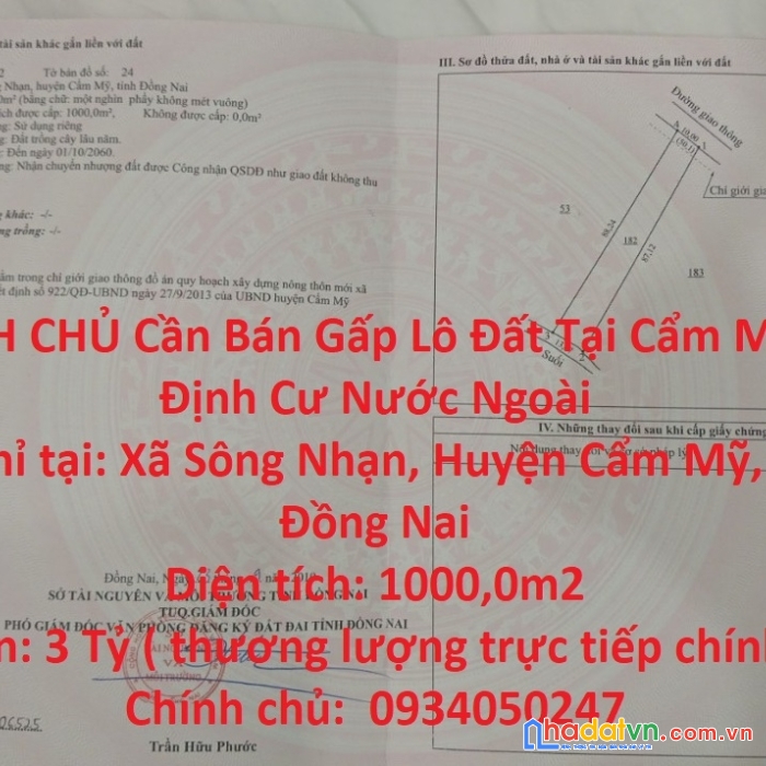 Chính chủ cần bán gấp lô đất tại cẩm mỹ để định cư nước ngoài