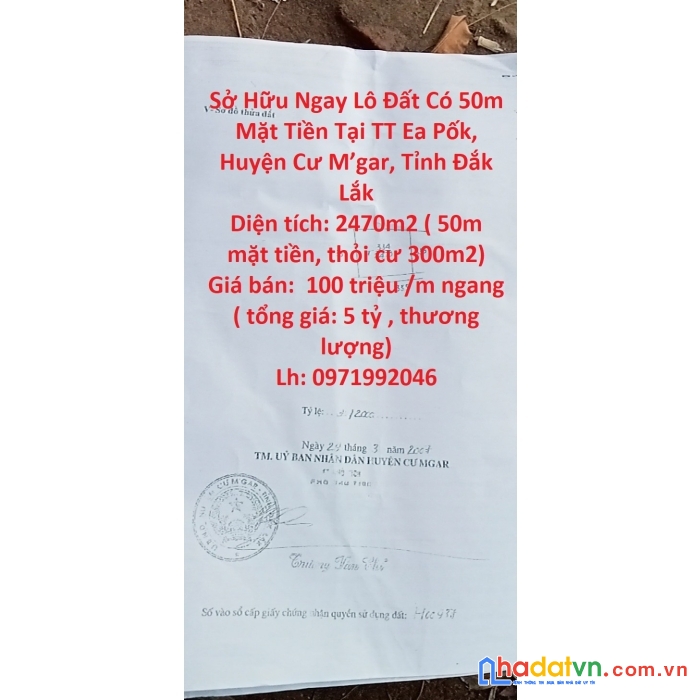 Sở hữu ngay lô đất có 50m mặt tiền tại tt ea pốk, huyện cư m’gar, tỉnh đắk lắk