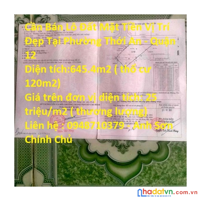 Cần bán lô đất mặt tiền vị trí đẹp tại phường thới an - quận 12