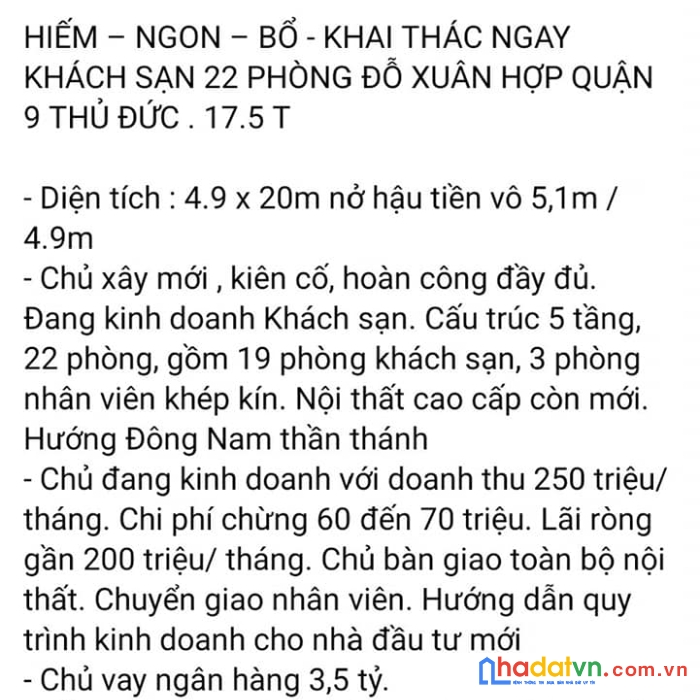 Thu nhập  hơn 200tr tháng ks có 20 phòng giá nhỉnh 17 tỷ -  phước long a  quận 9 - thủ đức.