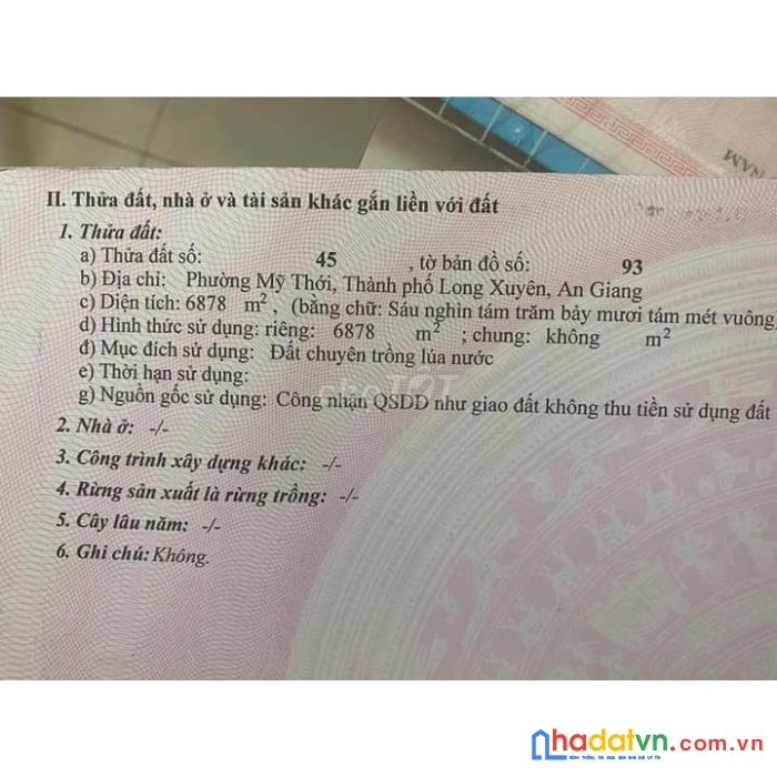 Chính chủ cần bán nhanh đất ruộng phường mỹ thới thành phố long xuyên, an giang