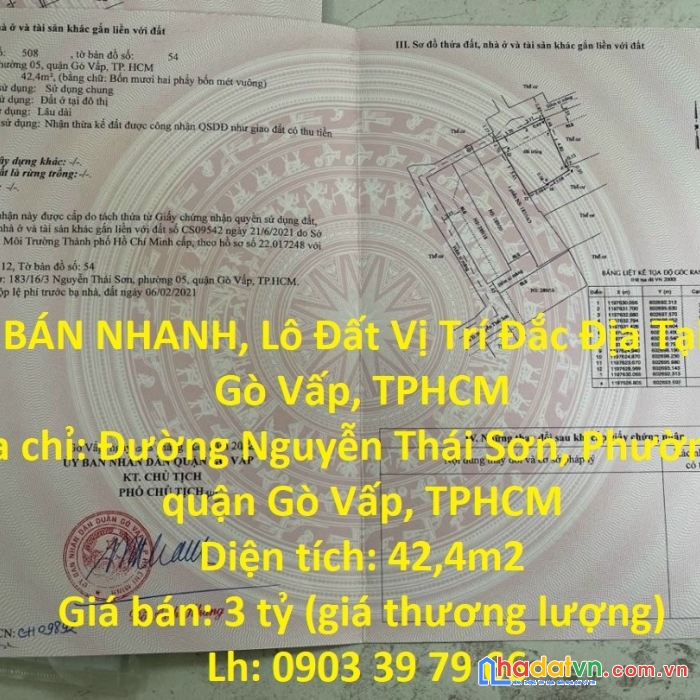 Cần bán nhanh, lô đất vị trí đắc địa tại quận gò vấp, tphcm