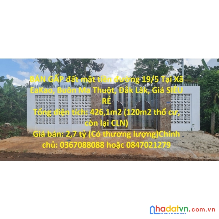 Bán gấp đất mặt tiền đường 19/5 tại xã eakao, buôn ma thuột, đắk lăk, giá siêu rẻ