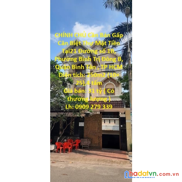 Chính chủ cần bán gấp căn biệt thự mặt tiền tại phường bình trị đông