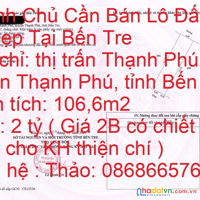 Chính chủ cần bán lô đất vị trí đẹp tại bến tre