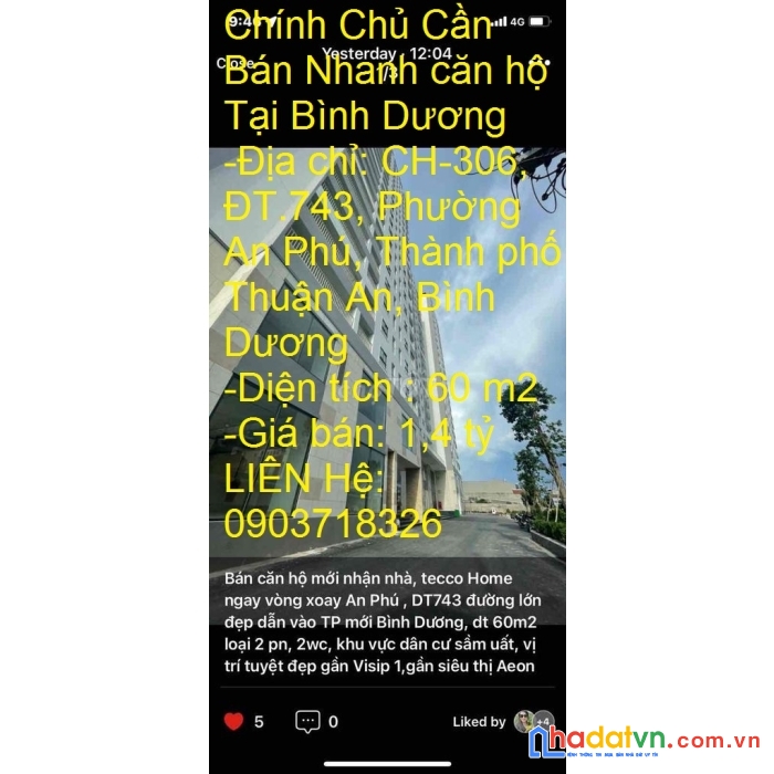 Chính chủ cần bán nhanh căn hộ vị trí đẹp như mơ tại bình dương