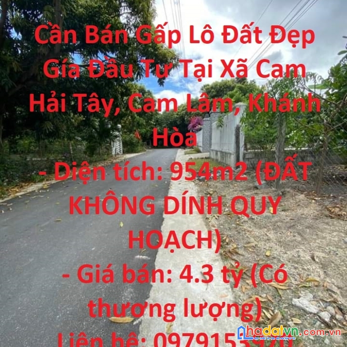 Cần bán gấp lô đất đẹp gía đầu tư tại xã cam hải tây, cam lâm, khánh hòa