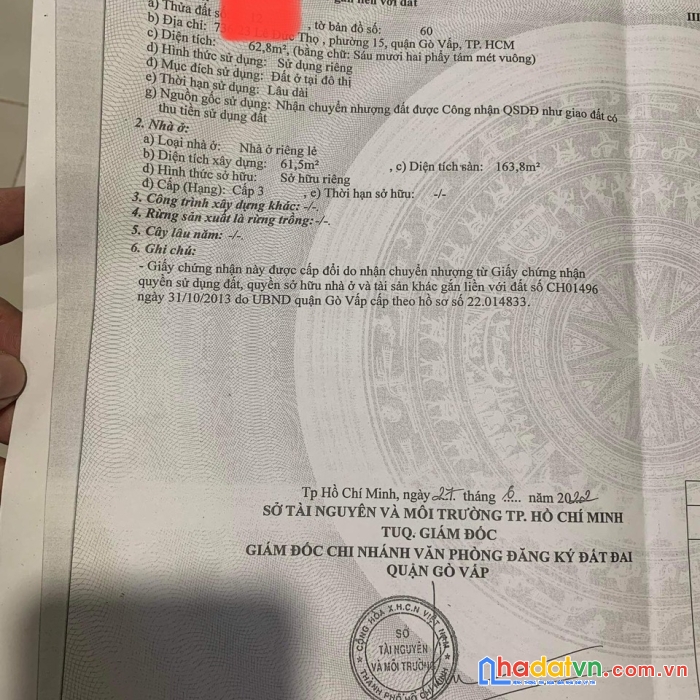 Chính chủ định cư gấp bán , 3 tầng btct , kinh doanh đỉnh , 50m ra mt lê đưc thọ , gò vấp.