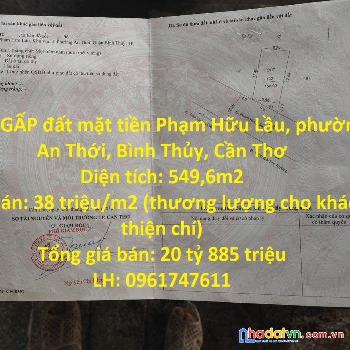 Bán gấp đất mặt tiền phạm hữu lầu, phường an thới, bình thủy, cần thơ