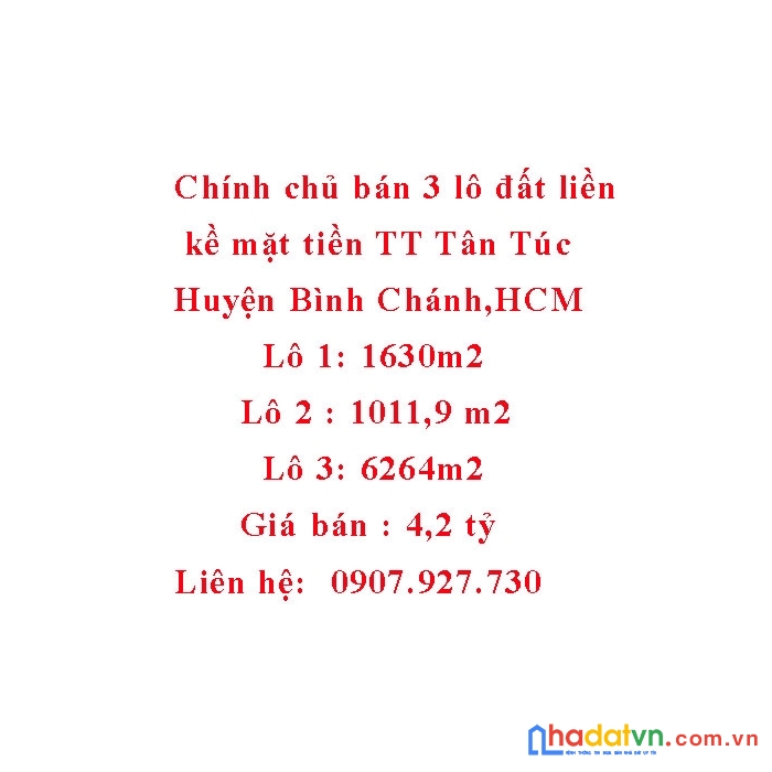 Chính chủ bán 3 lô đất liền kề mặt tiền tt.tân túc, huyện bình chánh, hồ chí minh