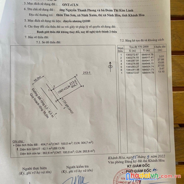 Bán đất vuông vắn thông ra 3 đương dt8 6 va ql26  cạnh hồ suối trầu ninh xuân ninh hoà lh