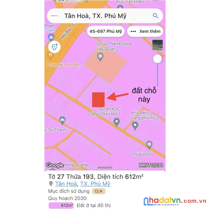 Đất sạch phủ hồng , trung tâm xã tân hòa - thị xã phú mỹ, giá chỉ 6tr/m2