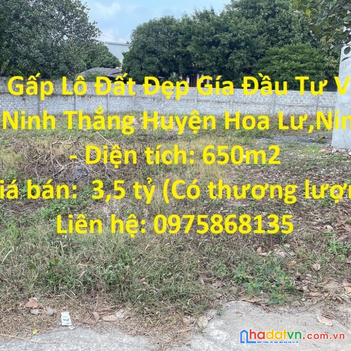 Cần bán gấp lô đất đẹp gía đầu tư vị trí đắc địa xã ninh thắng huyện hoa lư,ninh bình