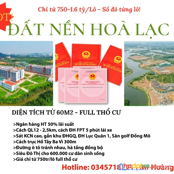 Đất nền hòa lạc diện tích từ 60m2 - full thổ cư
